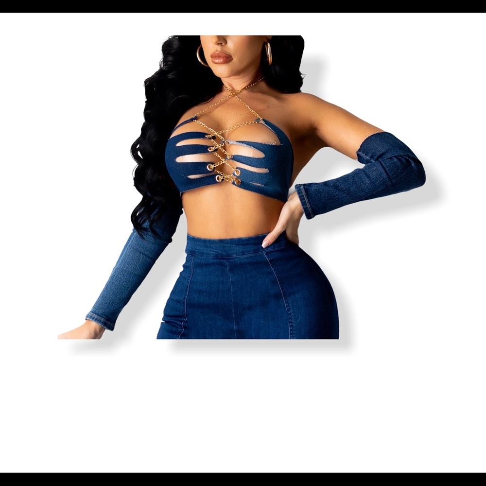 Hands on denim chain laced crop top
